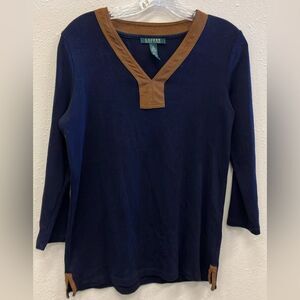 Lauren Ralph Lauren Navy and Brown Suede V-Neck Long Sleeve Top Medium #720